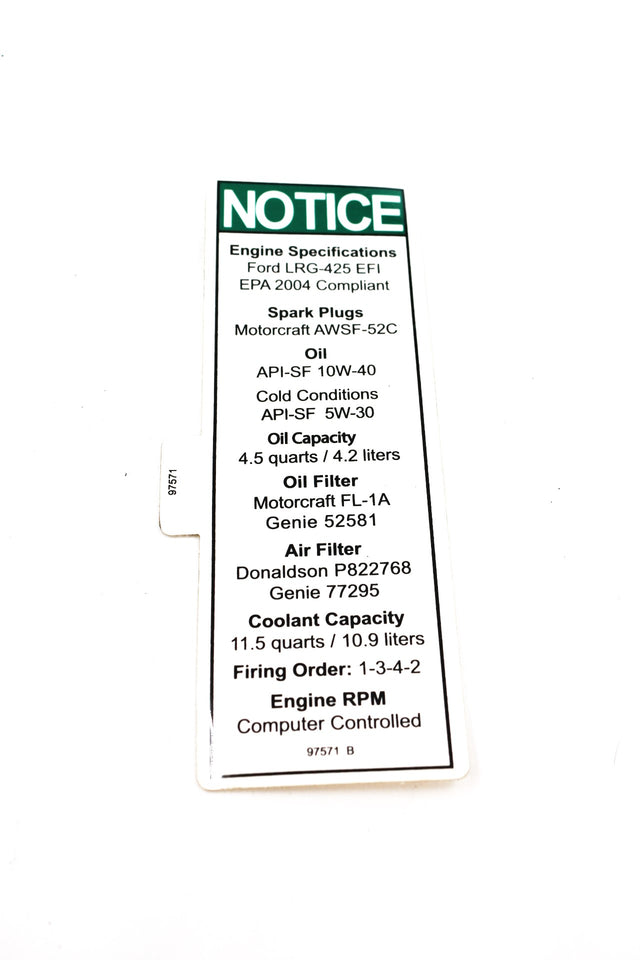 JLG ­-­ 70041497 ­-­ DECAL - NOTICE - FORD ENG SPEC