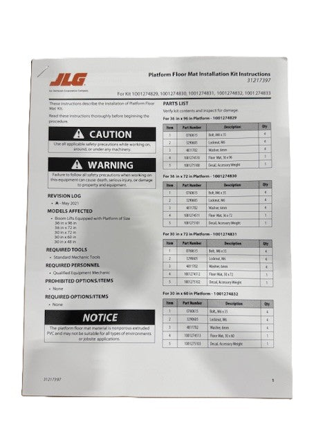 JLG ­-­ 1001274829 ­-­ INSTALLFLOOR MAT 36X96