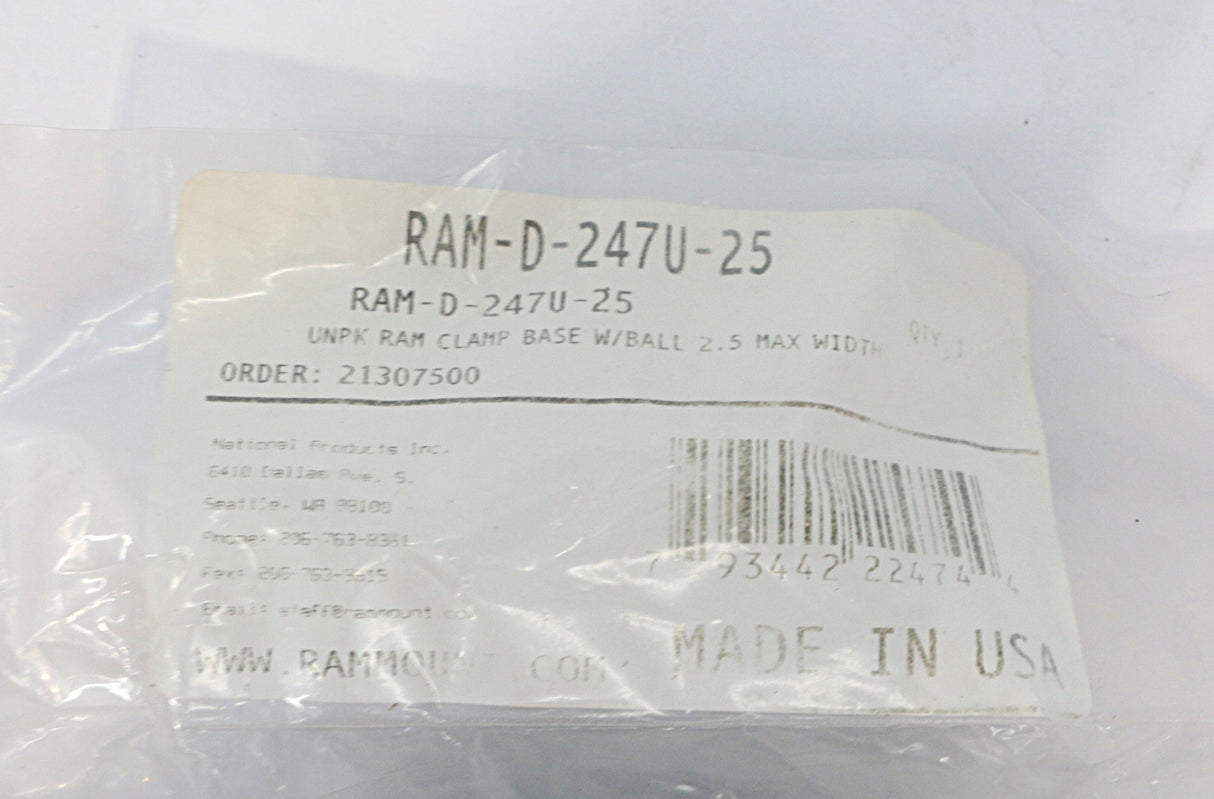RAM ­-­ RAM-D-247U-25 ­-­ RAM CLAMP BASE W/ BALL 2.5 MAX WIDTH