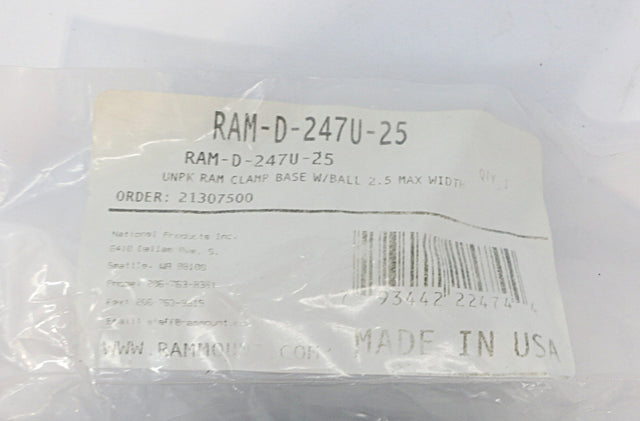 RAM ­-­ RAM-D-247U-25 ­-­ RAM CLAMP BASE W/ BALL 2.5 MAX WIDTH