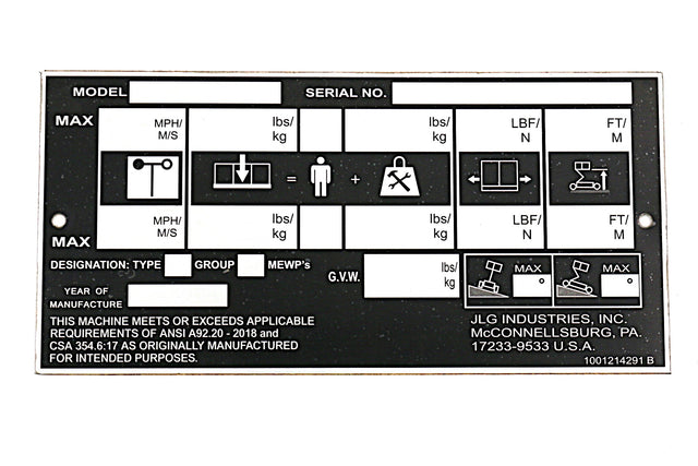 JLG ­-­ 1001214291 ­-­ DECAL - SERIAL NAME PLATE