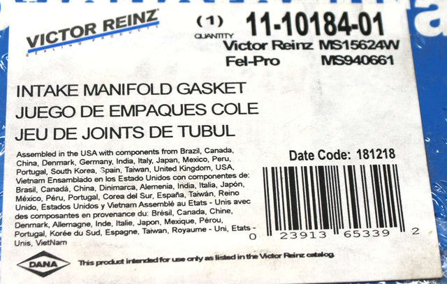VICTOR REINZ ­-­ 11-10184-01 ­-­ GASKET - INTAKE MANIFOLD MAHLE MS15624W