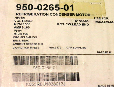 HANKISON ­-­ 99152064 ­-­ FAN MOTOR 460V 60A 1550 RPM - HP1/6