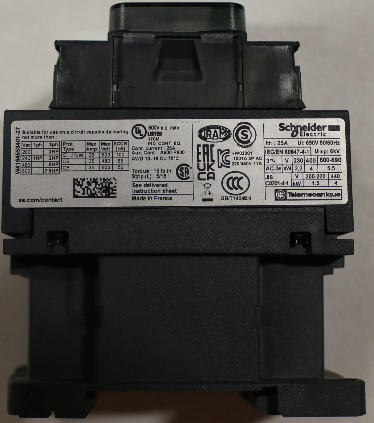 SCHNEIDER ELECTRIC ­-­ LC1D09U7 ­-­ CONTACTOR 3P 25A BOB.U7