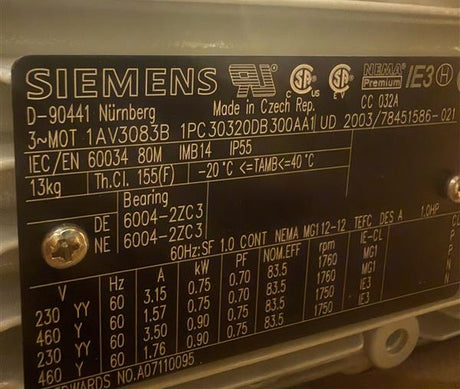 SIEMENS ­-­ 1AV3083B-1PC30320DB300AA1 ­-­ MOTOR GVD28 380400|230 - 460V 5