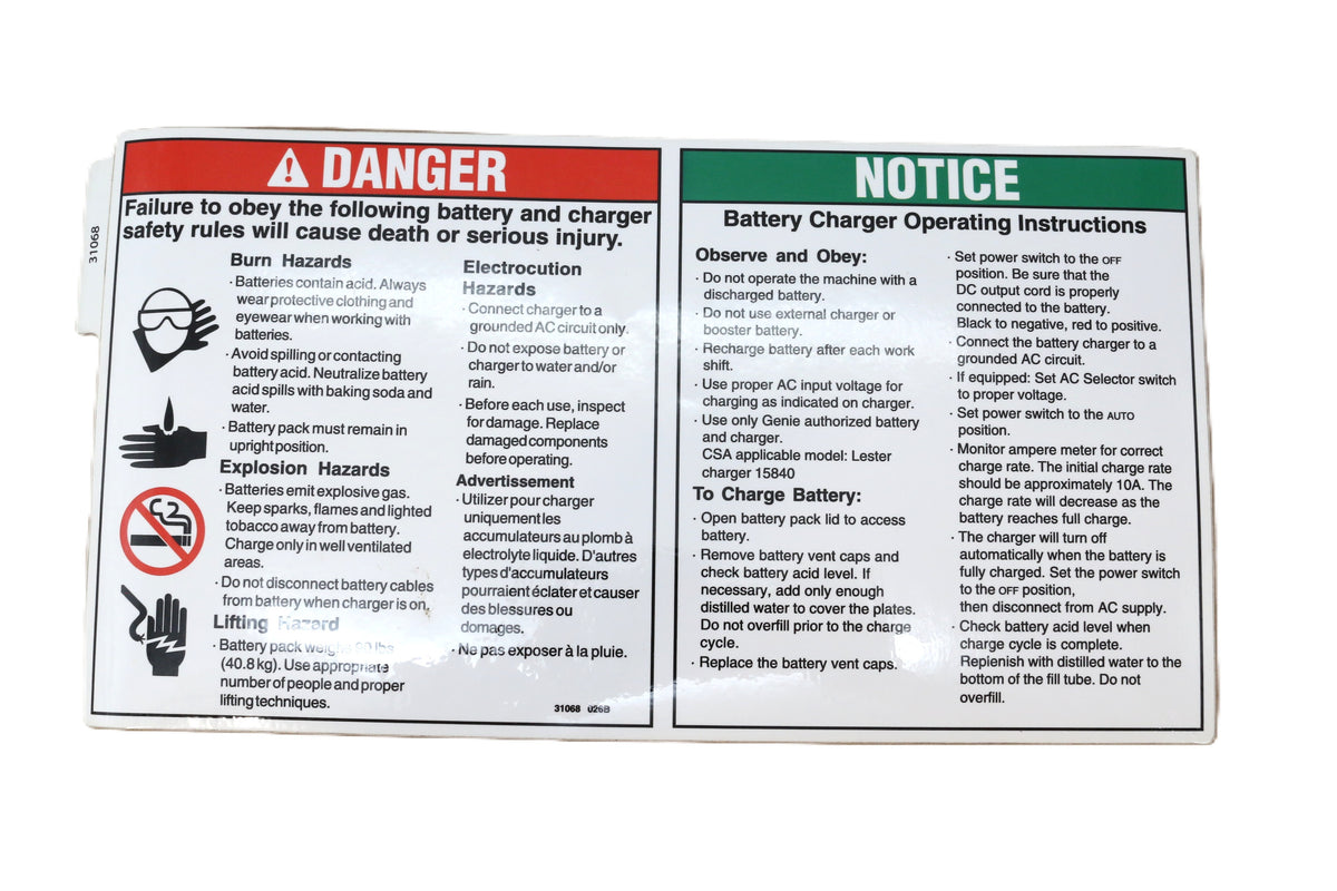 GENIE - 31068GT - DECAL - DANGER - BATTERY SAFETY