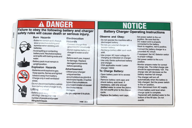 GENIE - 31068GT - DECAL - DANGER - BATTERY SAFETY